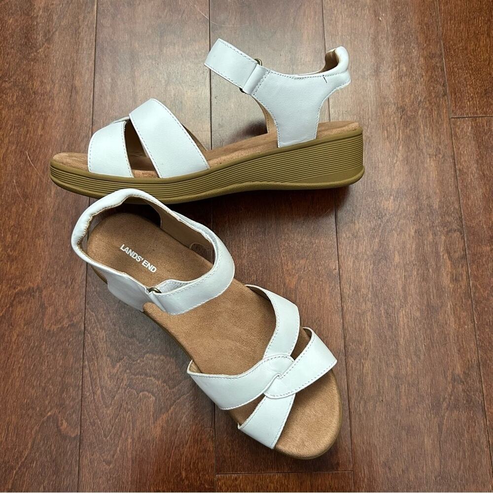 Lands' End White Leather Wedge Sandals with Crisscross Straps, Size 10
